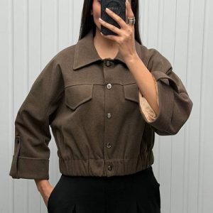 بامبر جکت قهوه‌ای فوتر یقه شکاری کد 348