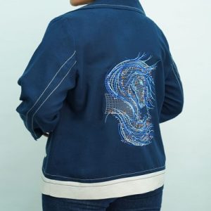 کت لینن سرمه‌ای یقه انگلیسی گلدوزی طرح اسب کد 1915