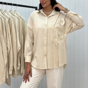 شومیز لینن کرم اورسایز کد 201