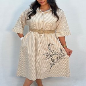 پیراهن کفتان لینن راه راه با کمربند کد 1912